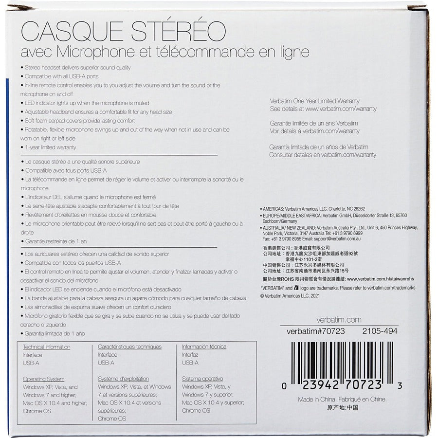 Casque stéréo Verbatim avec microphone et télécommande en ligne 70723