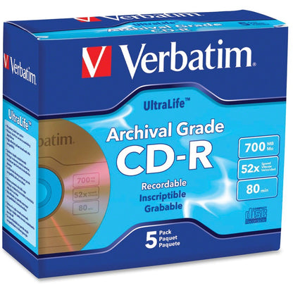 CD-R Verbatim 700 Mo 52X UltraLife Gold Archival Grade avec surface de marque et revêtement dur - 5 pk Jewel Case 96319