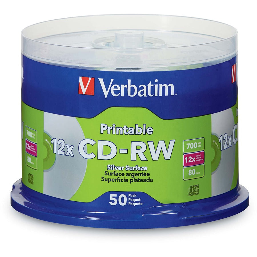 CD-RW Verbatim 700 Mo 12X DataLifePlus Silver Inkjet imprimable avec hub de marque - 50 paquets Spindle 95159