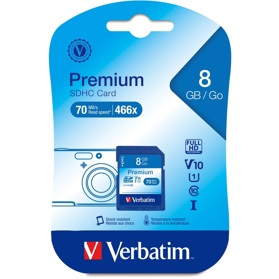 Carte mémoire SDHC Premium Verbatim 8 Go, UHS-I V10 U1 Classe 10 96318