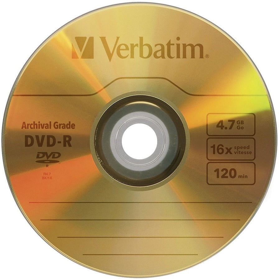 DVD-R Verbatim 4,7 Go 16X UltraLife Gold Archival Grade avec surface de marque et revêtement dur - 5 pk Jewel Case 96320