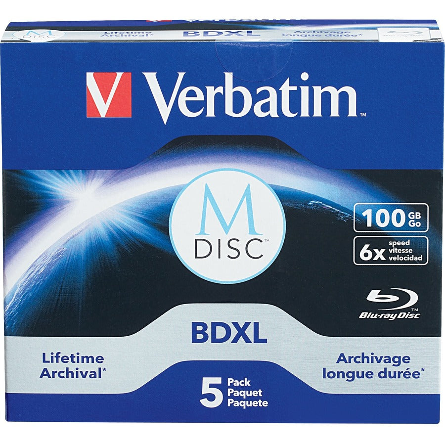 Support enregistrable Blu-ray Verbatim - BDXL - 6x - 100 Go - Lot de 5 boîtiers Jewel 98913