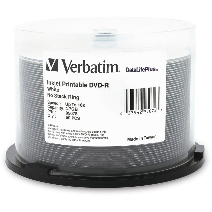 DVD-R Verbatim 4,7 Go 16X DataLifePlus blanc imprimable par jet d'encre - 50 pack Spindle 95078