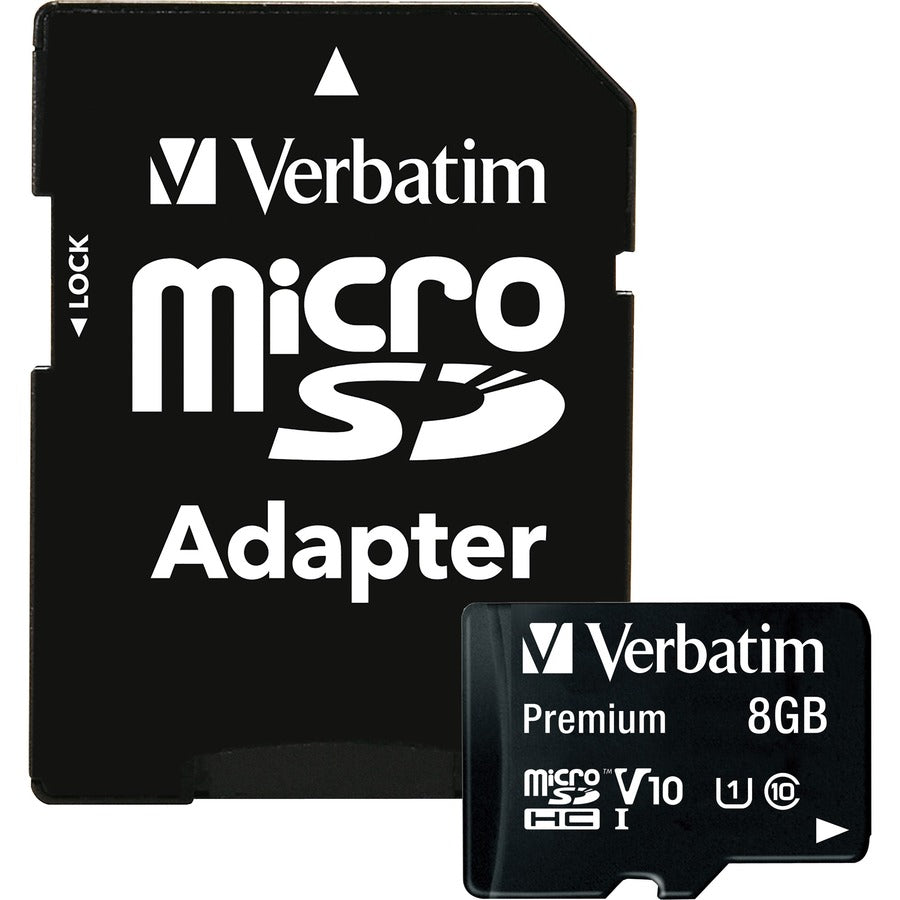 Carte mémoire microSDHC Premium Verbatim 8 Go avec adaptateur, UHS-I V10 U1 Classe 10 44081