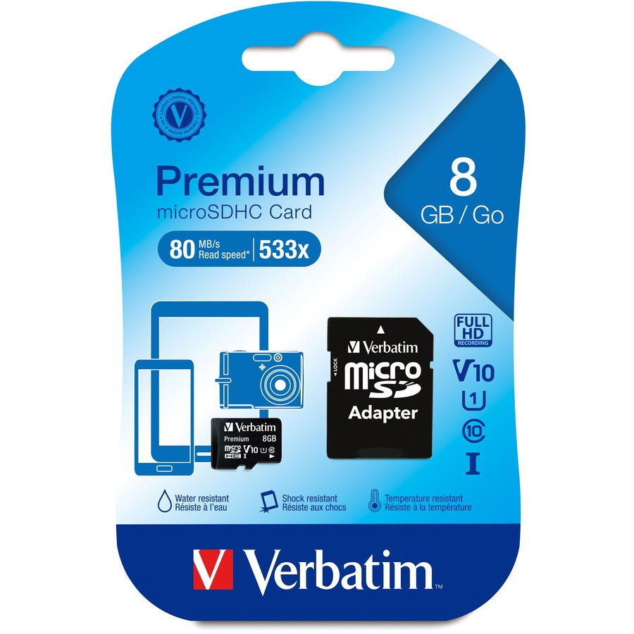 Carte mémoire microSDHC Premium Verbatim 8 Go avec adaptateur, UHS-I V10 U1 Classe 10 44081