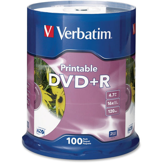 DVD+R Verbatim 4,7 Go 16X blanc imprimable à jet d'encre - 100 pack Spindle 95145