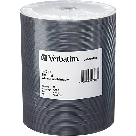 Verbatim DVD-R 4.7GB 16X DataLifePlus White Thermal Printable, Hub Printable - 100Pk Tape Wrap 97015