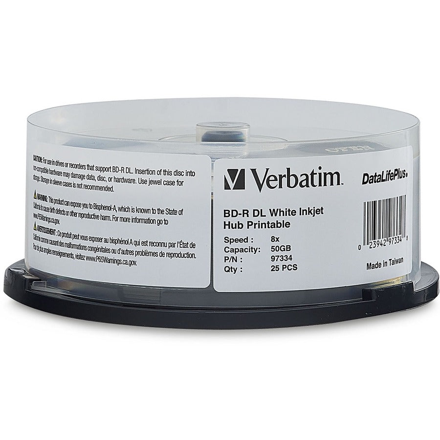 Verbatim BD-R DL 50 Go 8X, étiquette blanche, DataLife+, blanc, jet d'encre, hub imprimable, 25 PK, broche 97334