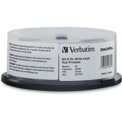 Verbatim BD-R DL 50 Go 8X, étiquette blanche, DataLife+, blanc, jet d'encre, hub imprimable, 25 PK, broche 97334
