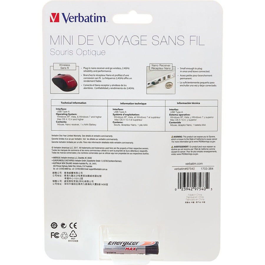 Souris optique de voyage mini sans fil Verbatim - Rouge 97540