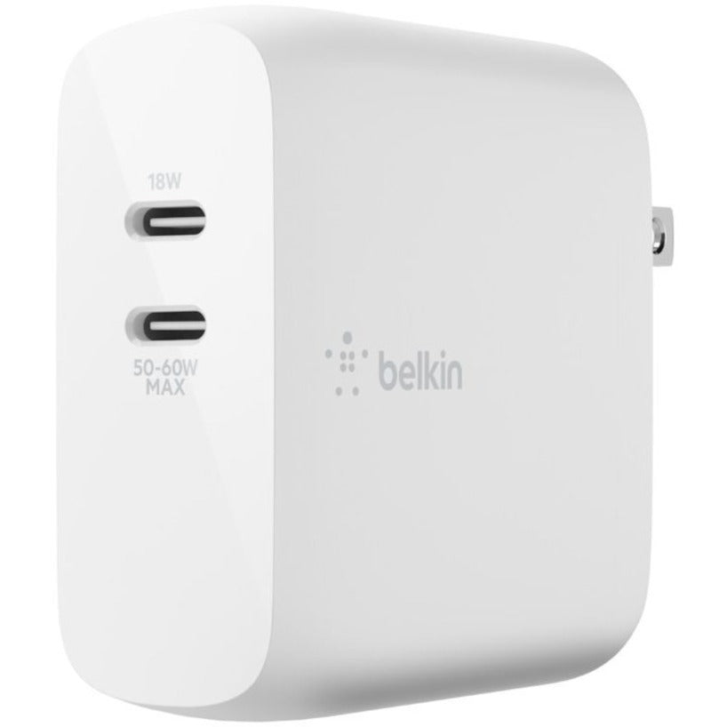 Chargeur mural Belkin BoostCharge Dual USB-C GaN 68 W + câble USB-C pour ordinateur portable Chromebook - Adaptateur secteur WCH003DQ2MWH-B6