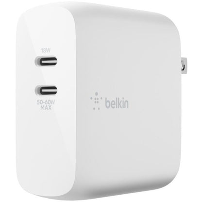 Chargeur mural Belkin BoostCharge Dual USB-C GaN 68 W + câble USB-C pour ordinateur portable Chromebook - Adaptateur secteur WCH003DQ2MWH-B6