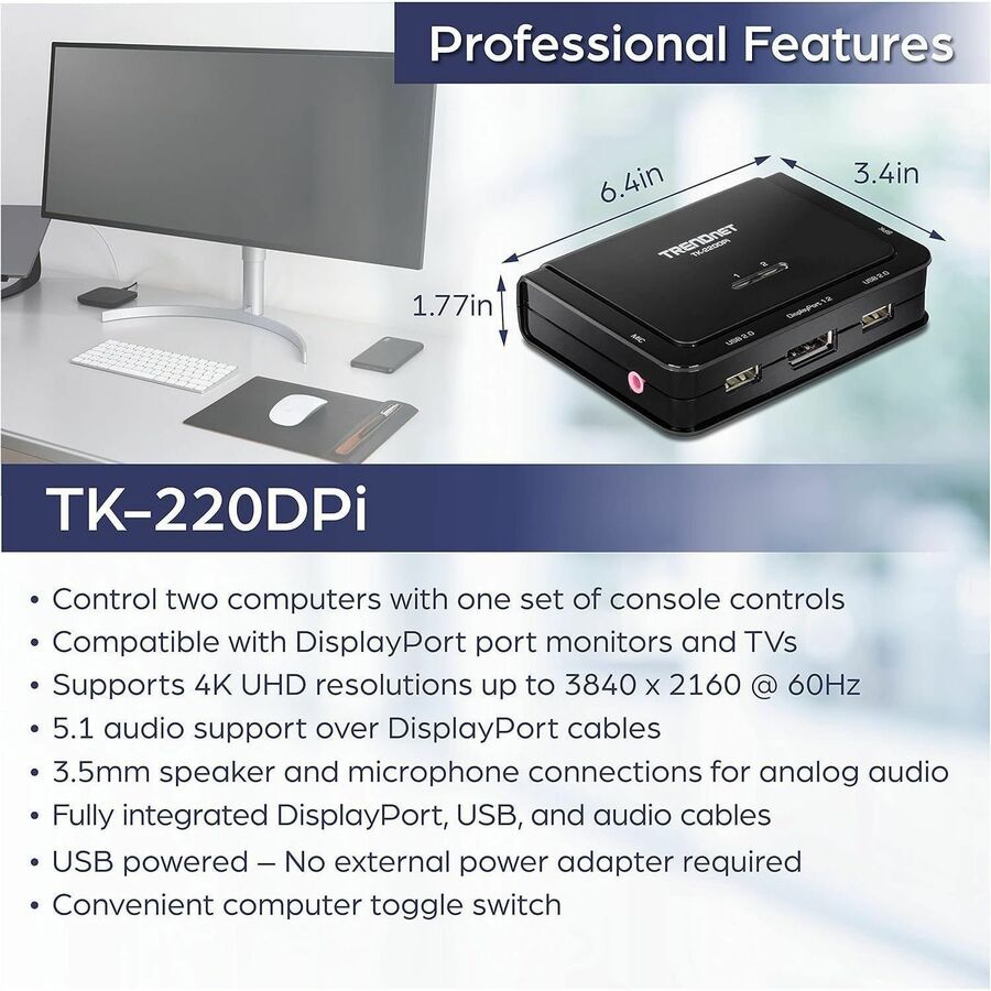 Commutateur KVM DisplayPort 4K à 2 ports TRENDnet TK-220DPi (v1.0R) TK-220DPI
