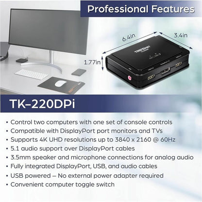 Commutateur KVM DisplayPort 4K à 2 ports TRENDnet TK-220DPi (v1.0R) TK-220DPI