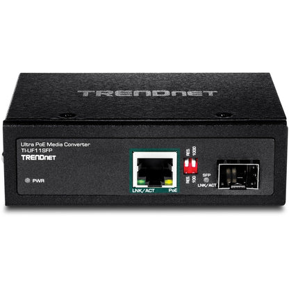 Convertisseur de média SFP vers Gigabit UPoE industriel renforcé TRENDnet ; boîtier classé IP30 ; comprend des supports pour rail DIN et muraux ; température de fonctionnement : -40 à 75 °C (-40 à 167 °F) ; TI-UF11SFP TI-UF11SFP