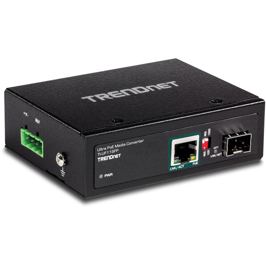 Convertisseur de média SFP vers Gigabit UPoE industriel renforcé TRENDnet ; boîtier classé IP30 ; comprend des supports pour rail DIN et muraux ; température de fonctionnement : -40 à 75 °C (-40 à 167 °F) ; TI-UF11SFP TI-UF11SFP