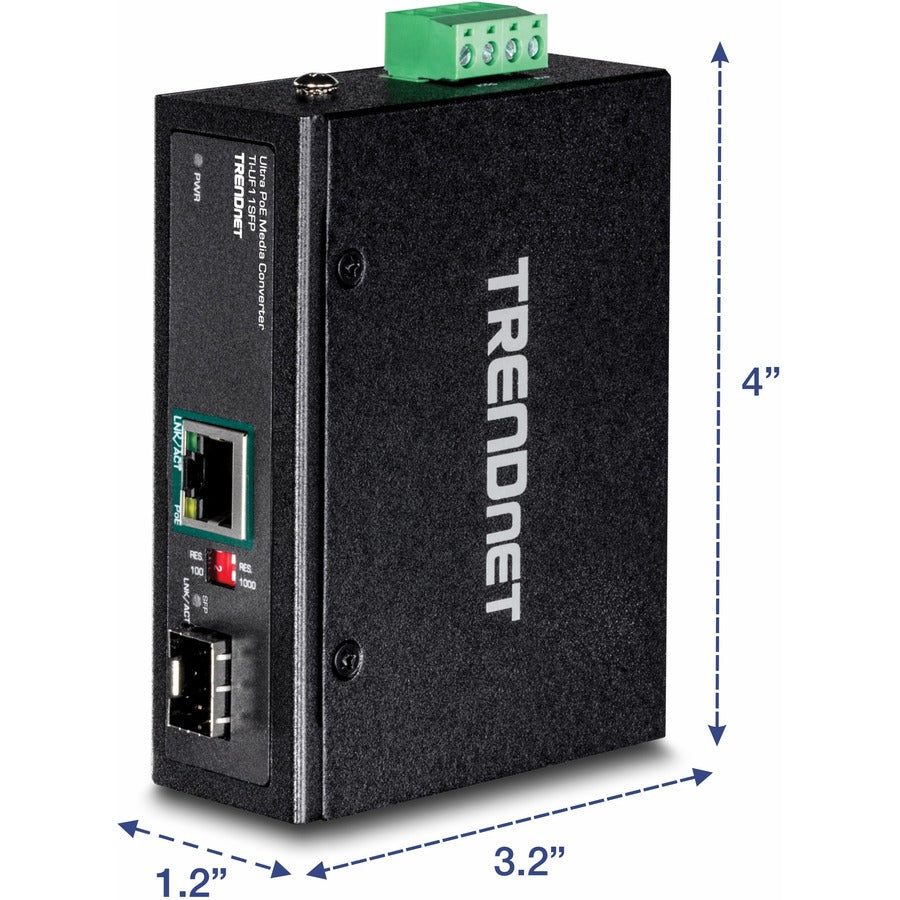 Convertisseur de média SFP vers Gigabit UPoE industriel renforcé TRENDnet ; boîtier classé IP30 ; comprend des supports pour rail DIN et muraux ; température de fonctionnement : -40 à 75 °C (-40 à 167 °F) ; TI-UF11SFP TI-UF11SFP