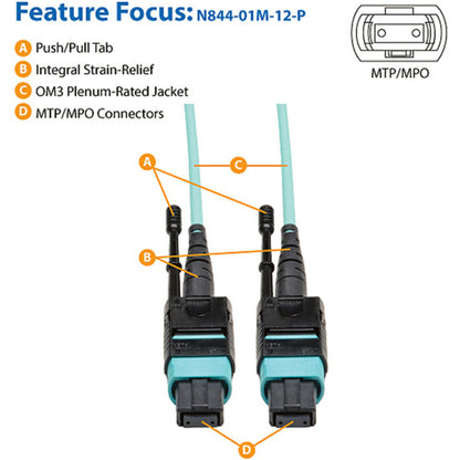 Tripp Lite by Eaton 1 Meter MTP / MPO Patch Cable, 12 Fiber, 40GbE Aqua OM3 Plenum N844-01M-12-P