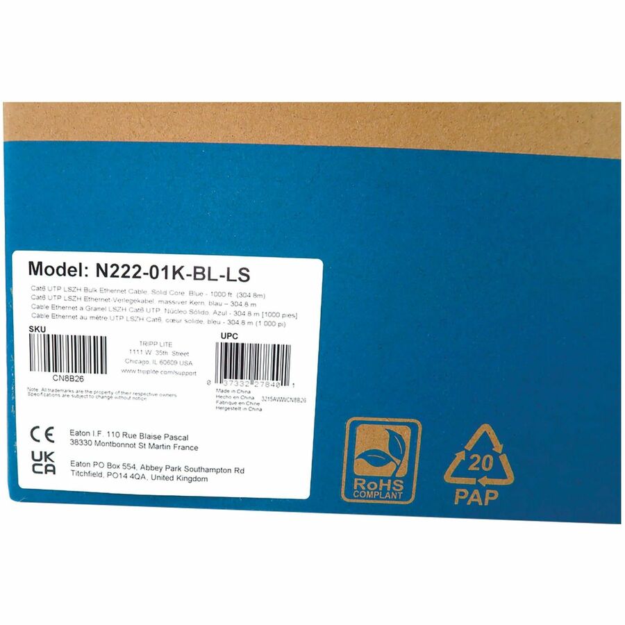 Câble Ethernet UTP Cat6 1G à âme solide Tripp Lite par Eaton, LSZH, bleu, 305 m (1 000 pi) N222-01K-BL-LS