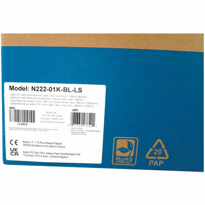 Câble Ethernet UTP Cat6 1G à âme solide Tripp Lite par Eaton, LSZH, bleu, 305 m (1 000 pi) N222-01K-BL-LS
