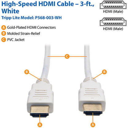 Câble HDMI haute vitesse Tripp Lite 3 pieds vidéo numérique avec audio 4K x 2K M/M Blanc 3' P568-003-WH