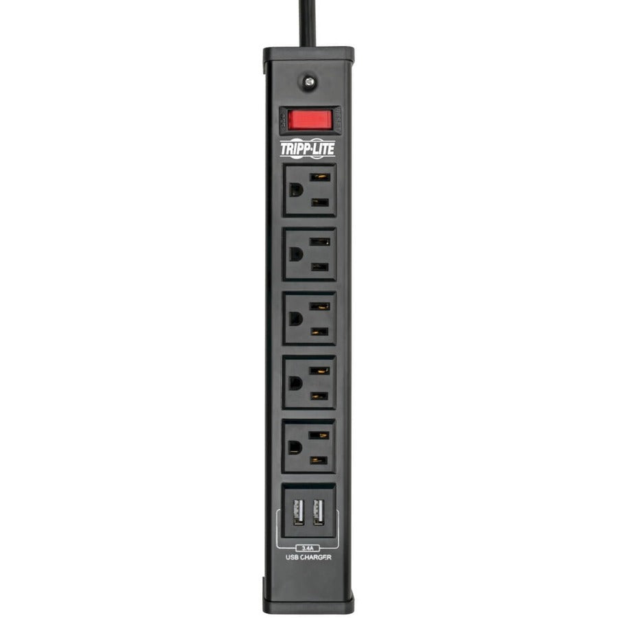 Tripp Lite Surge Protector Power Strip 5-Outlet 2 USB Charging Ports 6ft Cord - 5 x NEMA 5-15R, 2 x USB - 1875 VA - 450 J - 120 V AC Input TLM526USBB