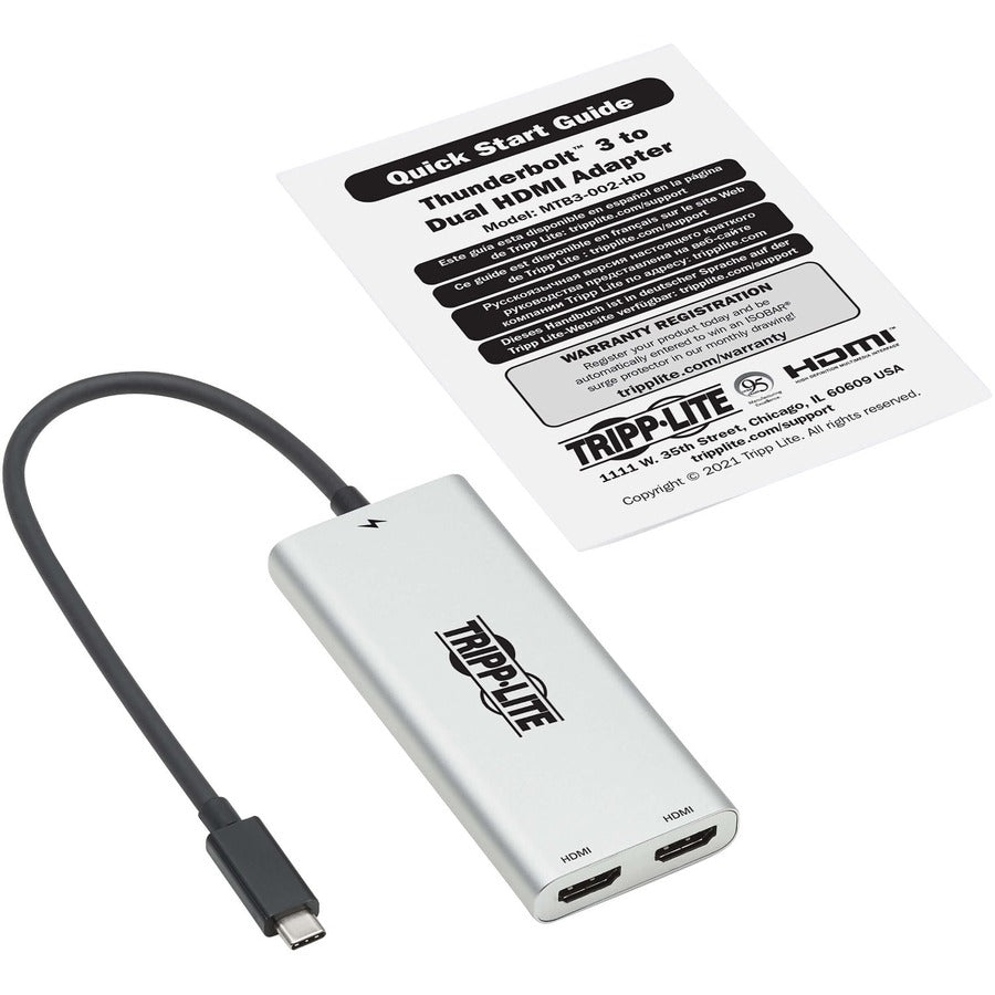 Adaptateur Thunderbolt 3 vers HDMI pour deux écrans Tripp Lite par Eaton (M/2xF) - 4K 60 Hz, 4:4:4, argent MTB3-002-HD