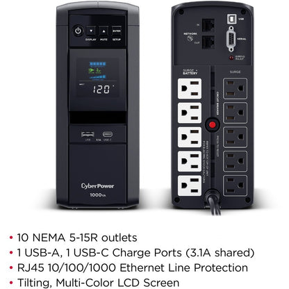 Système d'onduleur CyberPower CyberPower CP1000PFCLCDTAA conforme à la norme TAA CP1000PFCLCDTAA