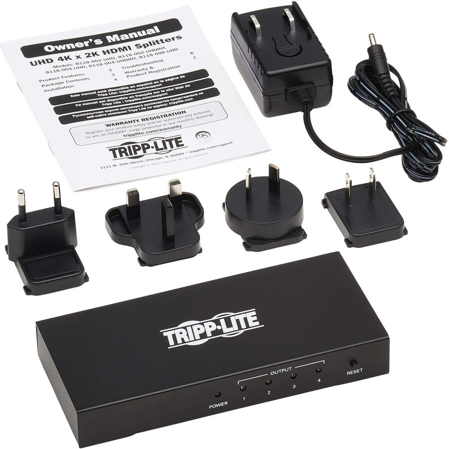 Répartiteur HDMI 4 ports Tripp Lite par Eaton - UHD 4K, adaptateurs de prise internationaux B118-004-UHDINT