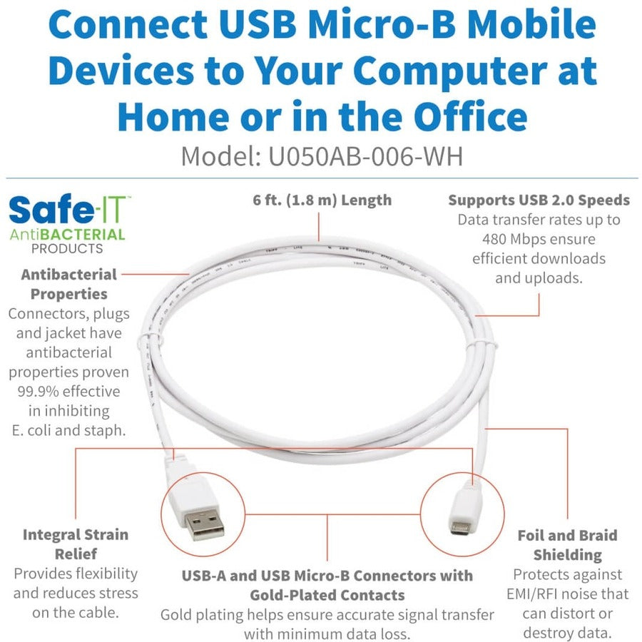 Câble antibactérien Tripp Lite Safe-IT USB-A vers USB Micro-B (M/M), USB 2.0, blanc, 1,8 m U050AB-006-WH