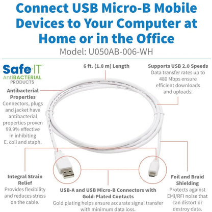 Câble antibactérien Tripp Lite Safe-IT USB-A vers USB Micro-B (M/M), USB 2.0, blanc, 1,8 m U050AB-006-WH