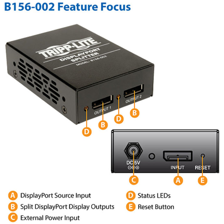 Répartiteur/extenseur multi-écrans Displayport Tripp Lite par Eaton - 2 ports B156-002