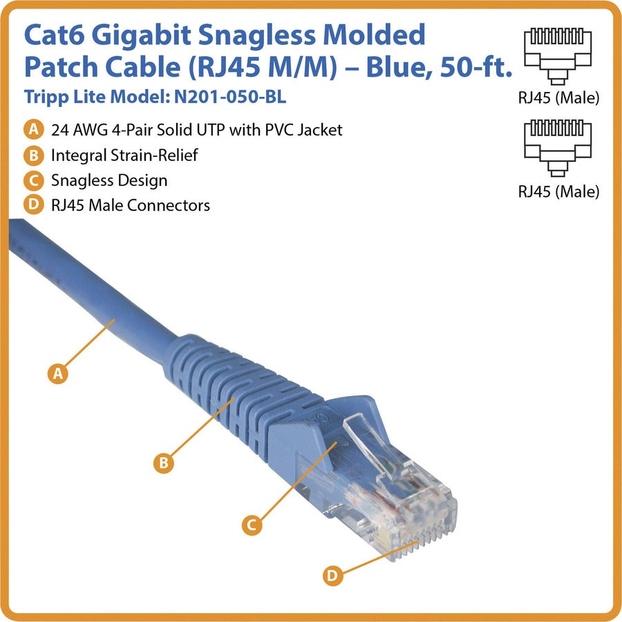 Câble de raccordement moulé anti-accroc Gigabit Cat6 de 15 m Tripp Lite RJ45 M/M Bleu 15 m N201-050-BL