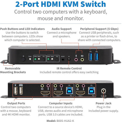 Commutateur KVM HDMI/USB à 2 ports Tripp Lite par Eaton B005-HUA2-K B005-HUA2-K