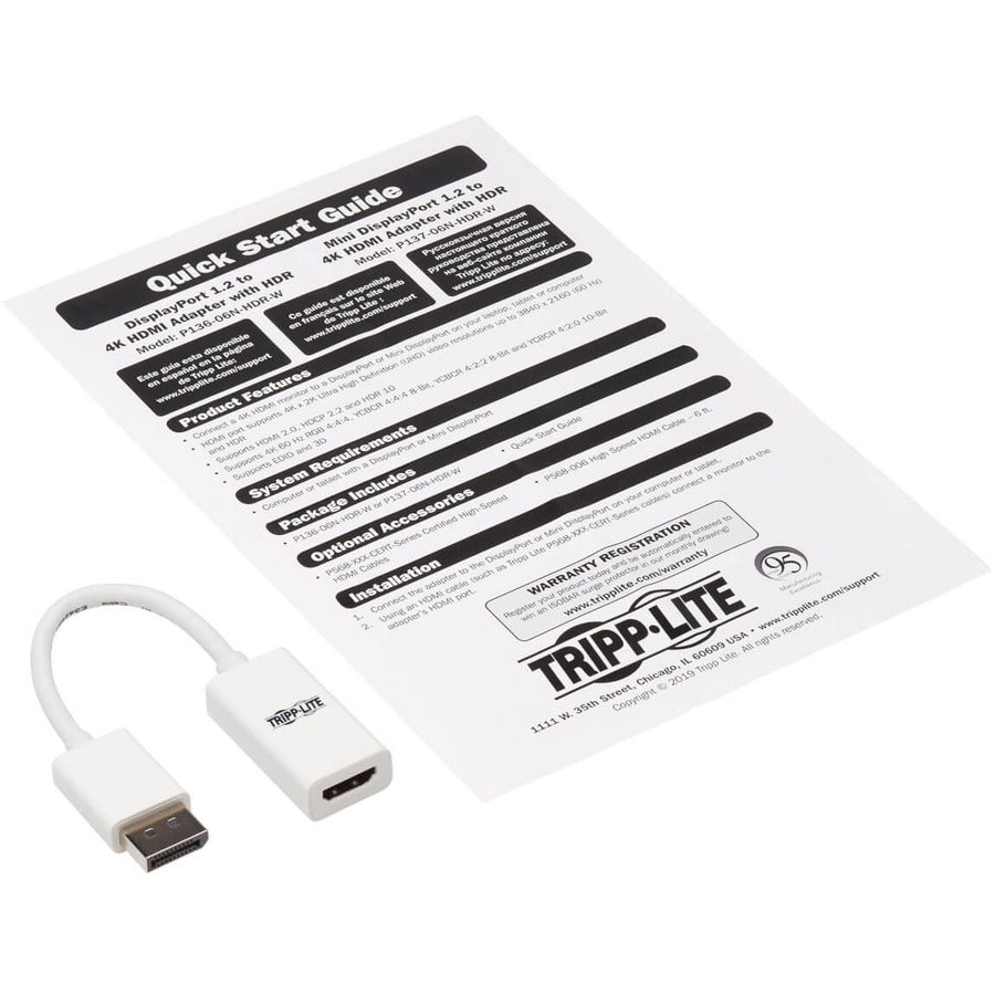 Adaptateur DisplayPort vers HDMI 4K Tripp Lite par Eaton P136-06N-HDR-W - M/F, blanc P136-06N-HDR-W