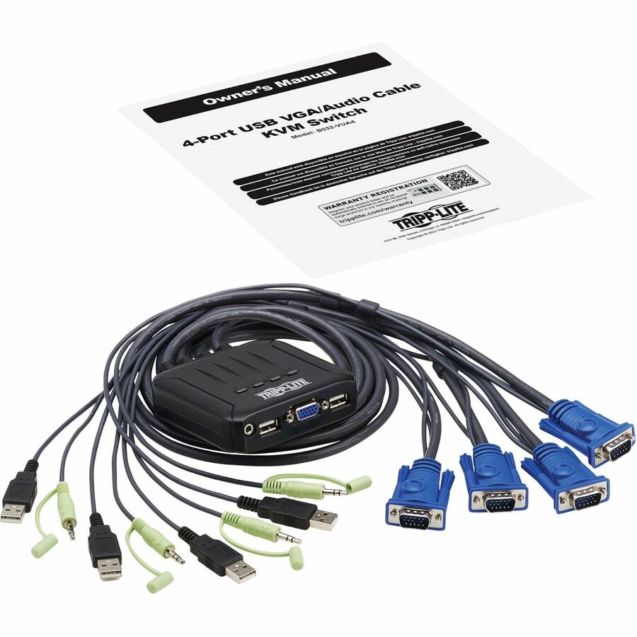 Commutateur KVM VGA 4 ports Tripp Lite par Eaton avec câbles VGA, USB et audio 3,5 mm intégrés B032-VUA4