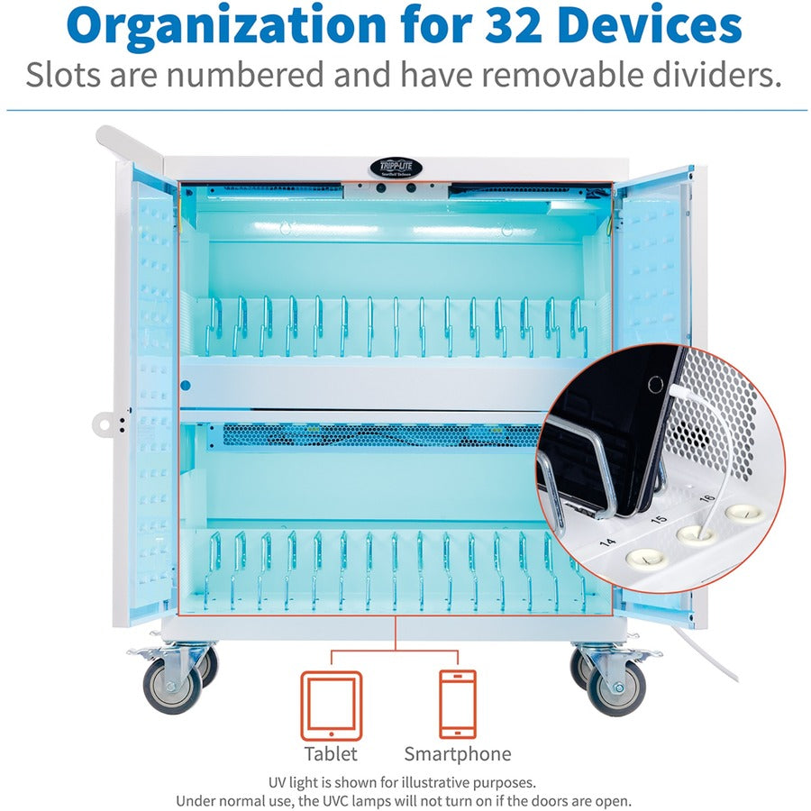 Chariot de chargement UV de qualité hospitalière pour 32 appareils Tripp Lite par Eaton CSC32USBWHG, blanc CSC32USBWHG