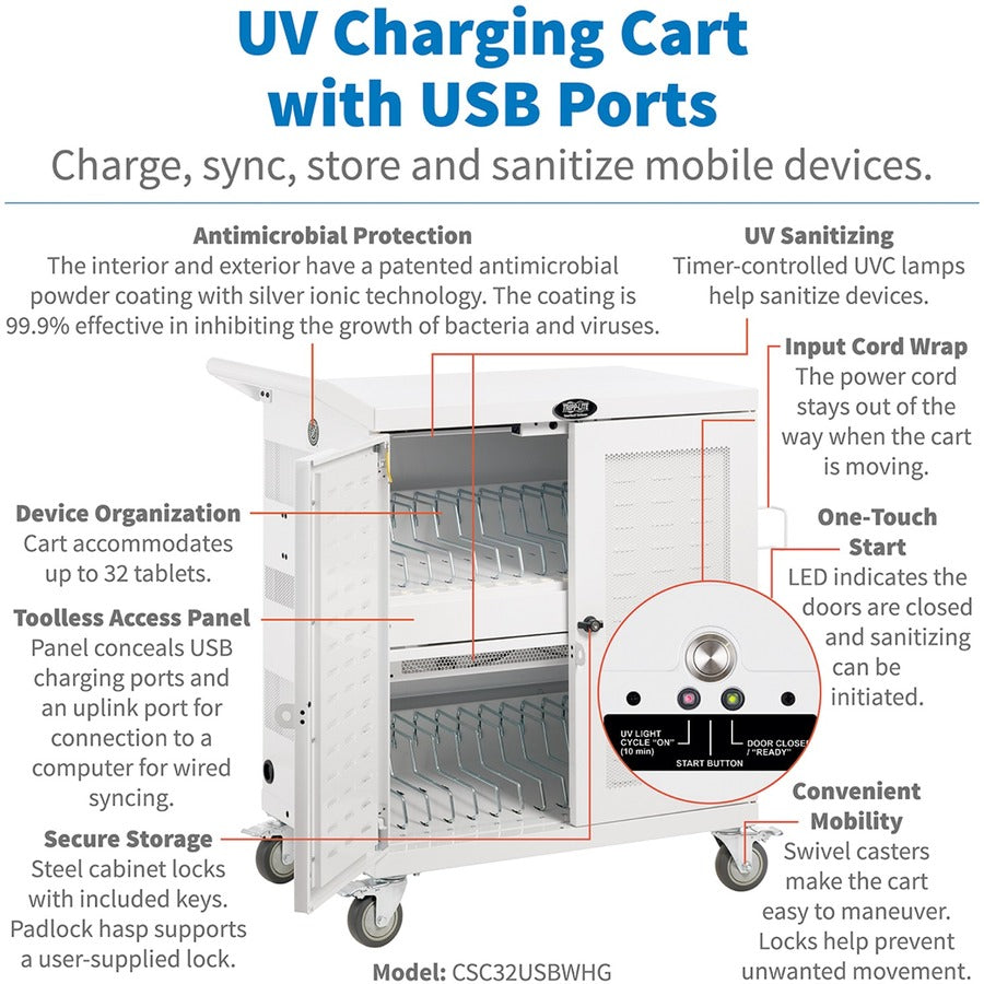 Chariot de chargement UV de qualité hospitalière pour 32 appareils Tripp Lite par Eaton CSC32USBWHG, blanc CSC32USBWHG