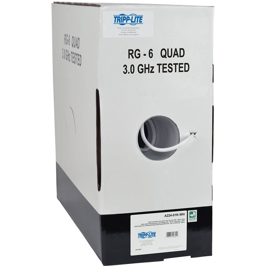 Câble coaxial Tripp Lite par Eaton RG6/U à quadruple blindage, homologué CMR, blanc, 1 000 pi A224-01K-WH