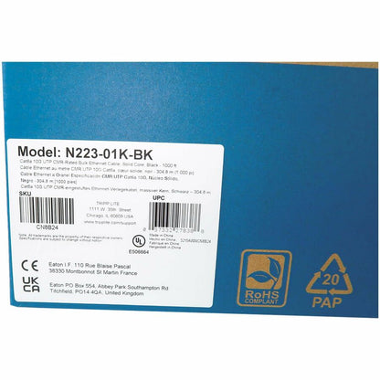 Câble Ethernet UTP Cat6a 10G à âme solide Tripp Lite by Eaton, homologué CMR, noir, 305 m (1 000 pi) N223-01K-BK