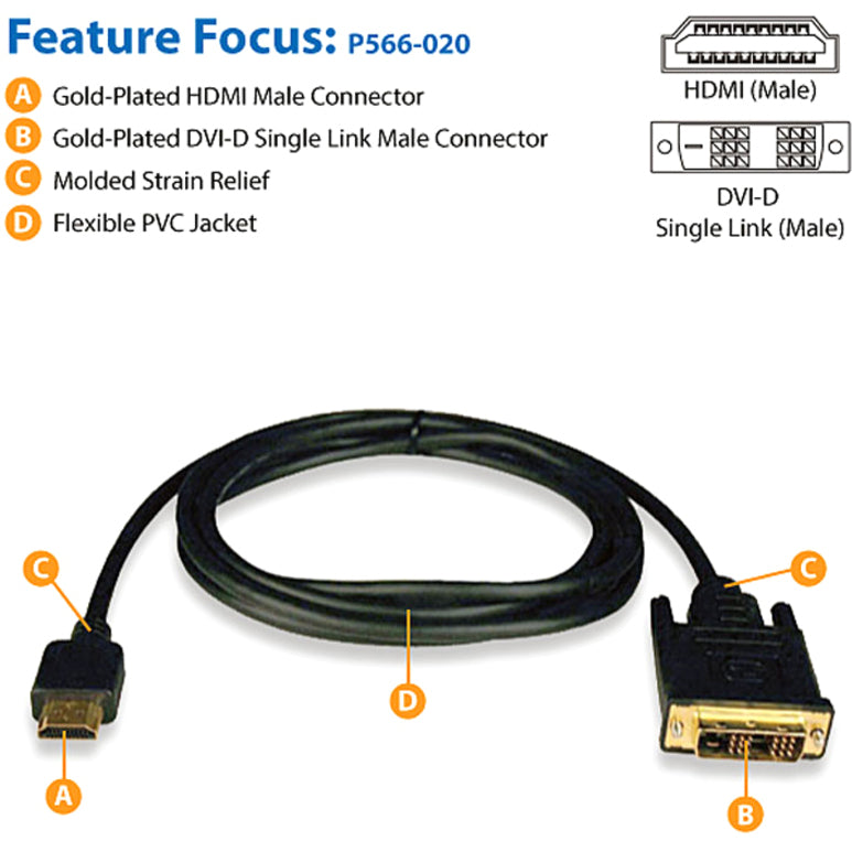 Adaptateur de moniteur numérique HDMI vers DVI-D Tripp Lite 20 pieds Câble convertisseur vidéo M/M 20' P566-020