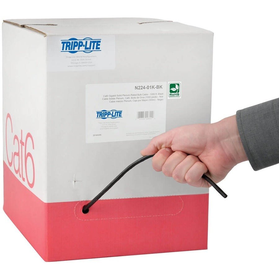 Tripp Lite by Eaton Cat6 Gigabit Bulk Solid-Core Plenum-Rated PVC Cable, Black, 1000 ft N224-01K-BK