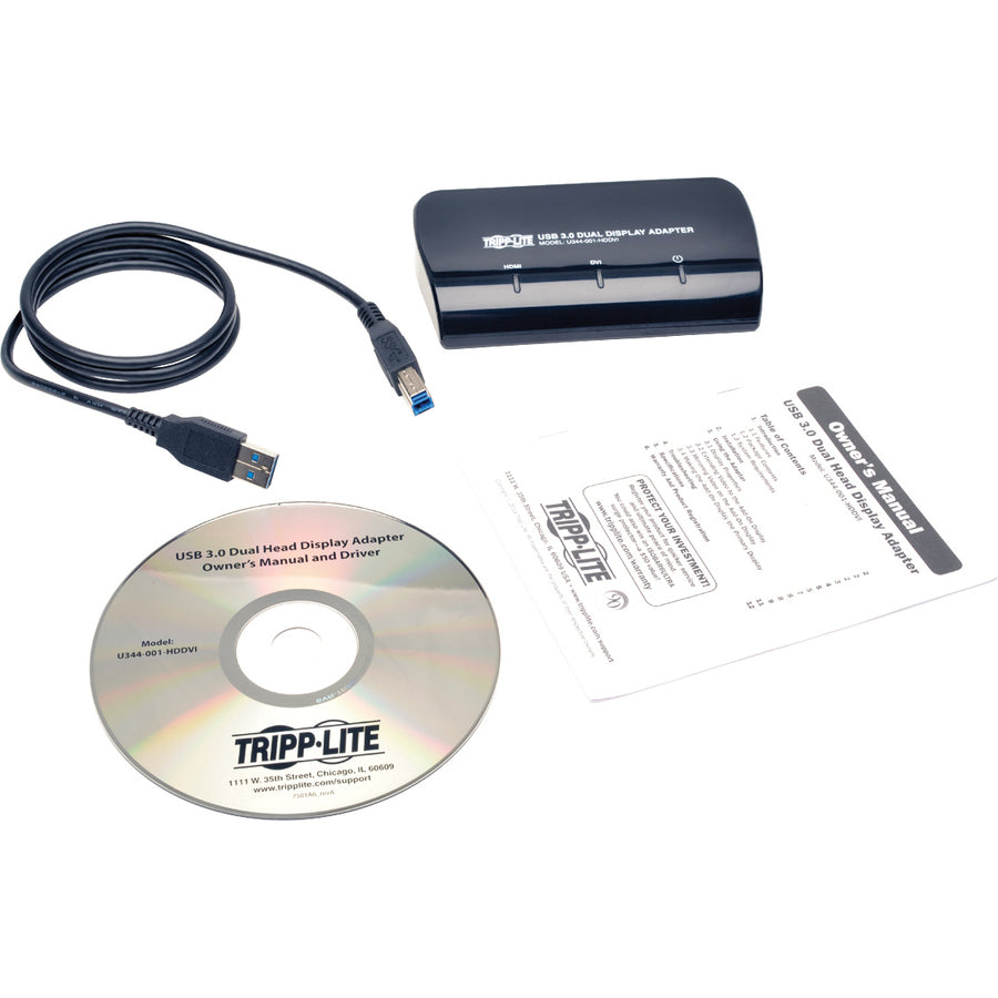 Adaptateur d'affichage vidéo double moniteur USB 3.0 vers DVI et HDMI Tripp Lite par Eaton U344-001-HDDVI