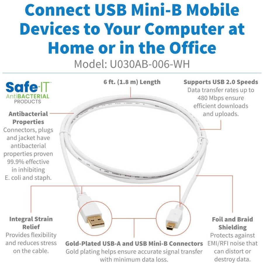 Câble antibactérien Tripp Lite Safe-IT USB-A vers USB Mini-B (M/M), USB 2.0, blanc, 1,8 m U030AB-006-WH