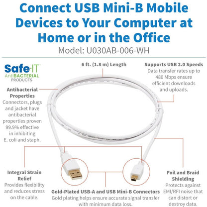 Câble antibactérien Tripp Lite Safe-IT USB-A vers USB Mini-B (M/M), USB 2.0, blanc, 1,8 m U030AB-006-WH
