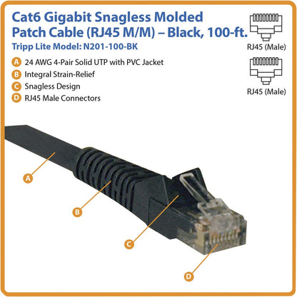 Câble de raccordement moulé anti-accroc Gigabit Cat6 de 100 pi de Tripp Lite par Eaton (RJ45 M/M) - Noir N201-100-BK