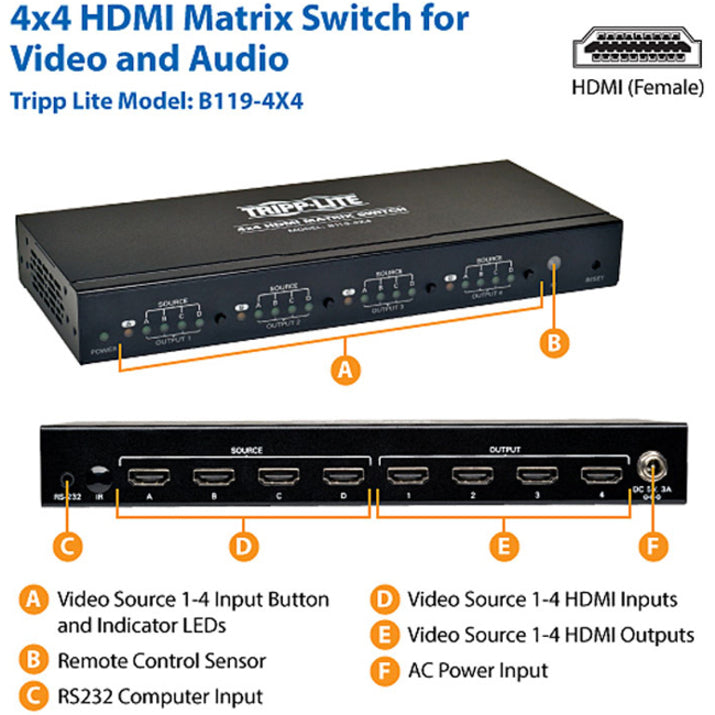 Commutateur matriciel vidéo HDMI haute vitesse Tripp Lite par Eaton 4x4 avec audio 1920x1200 à 60 Hz / 1080p B119-4X4