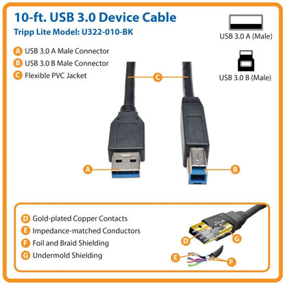 Tripp Lite by Eaton USB 3.0 SuperSpeed Device Cable (AB M/M) Black, 10-ft. U322-010-BK