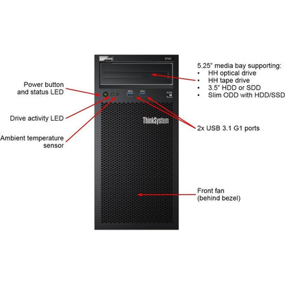 Lenovo ThinkSystem ST50 7Y48A02MNA 4U Tower Server - 1 x Intel Xeon E-2224G 3.50 GHz - 8 GB RAM - Serial ATA/600 Controller 7Y48A02MNA
