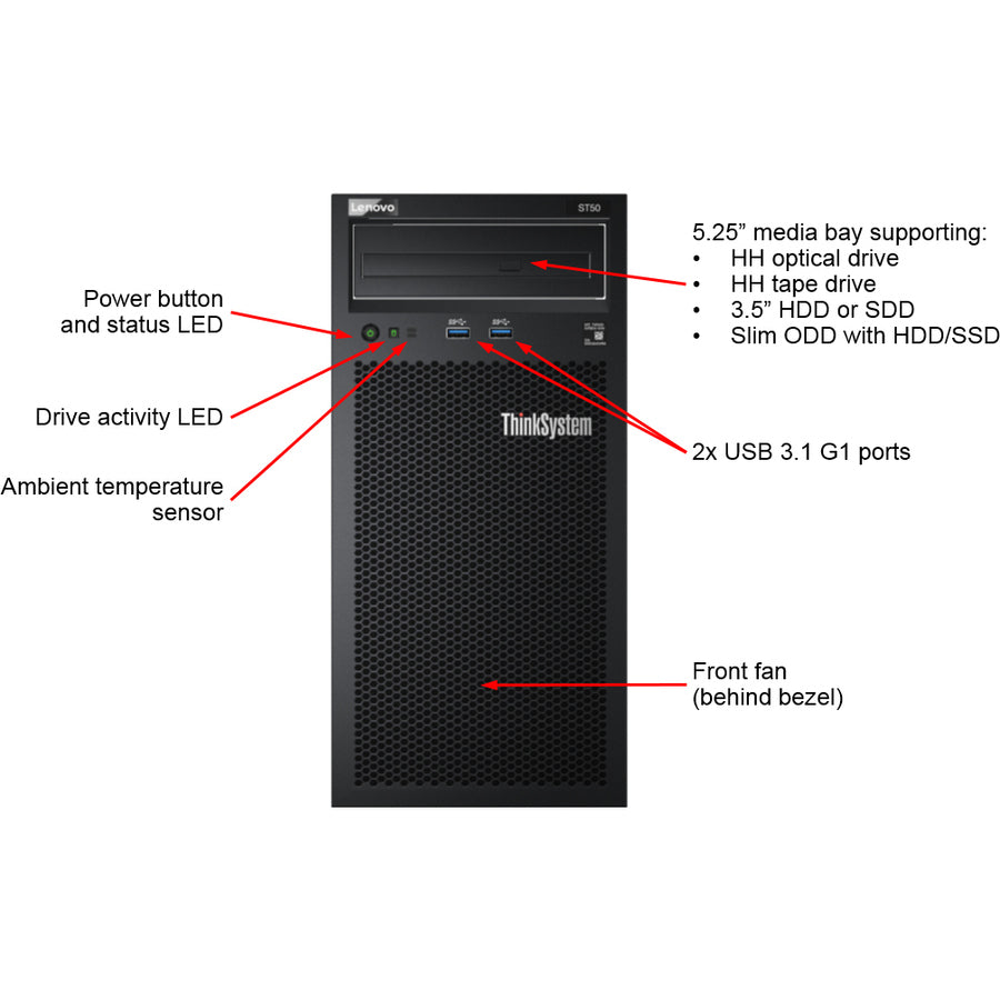Lenovo ThinkSystem ST50 7Y49A01CNA 4U Tower Server - 1 x Intel Xeon E-2144G 3.60 GHz - 8 GB RAM - Serial ATA/600 Controller 7Y49A01CNA